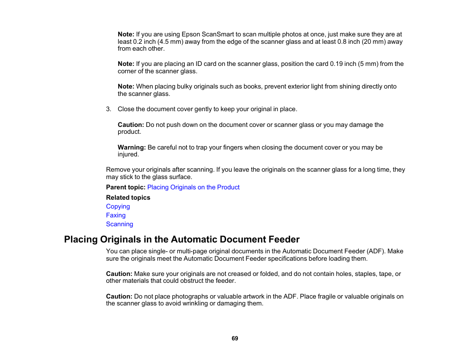 Placing originals in the automatic document feeder | Epson WorkForce WF-2930 Wireless All-in-One Color Inkjet Printer User Manual | Page 69 / 327
