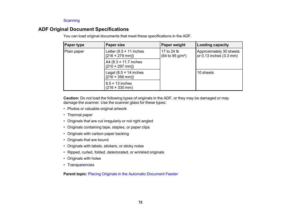 Adf original document specifications | Epson WorkForce WF-2930 Wireless All-in-One Color Inkjet Printer User Manual | Page 72 / 327