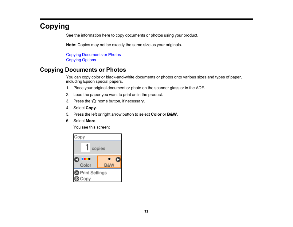 Copying, Copying documents or photos | Epson WorkForce WF-2930 Wireless All-in-One Color Inkjet Printer User Manual | Page 73 / 327