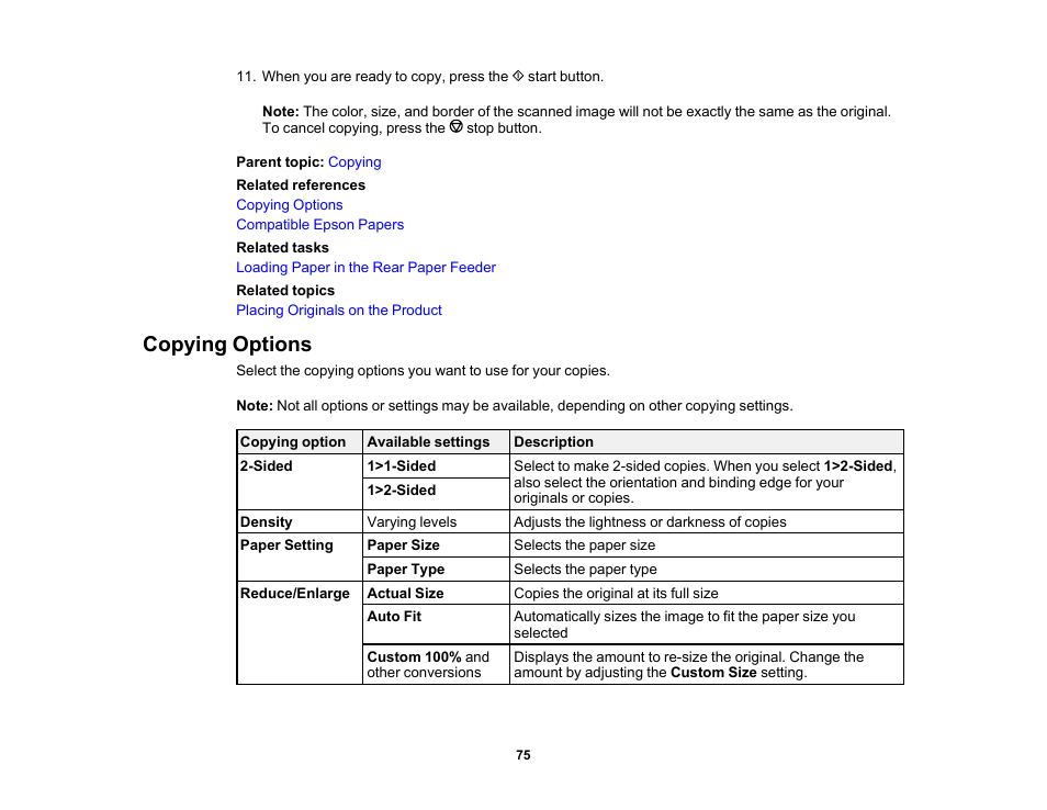 Copying options | Epson WorkForce WF-2930 Wireless All-in-One Color Inkjet Printer User Manual | Page 75 / 327