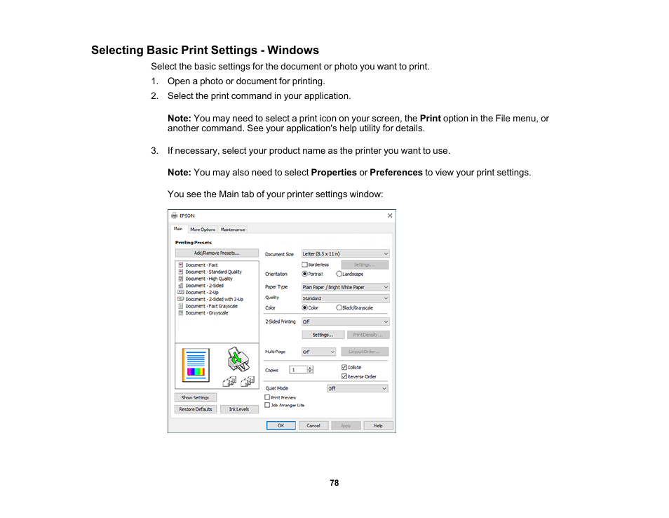 Selecting basic print settings - windows | Epson WorkForce WF-2930 Wireless All-in-One Color Inkjet Printer User Manual | Page 78 / 327