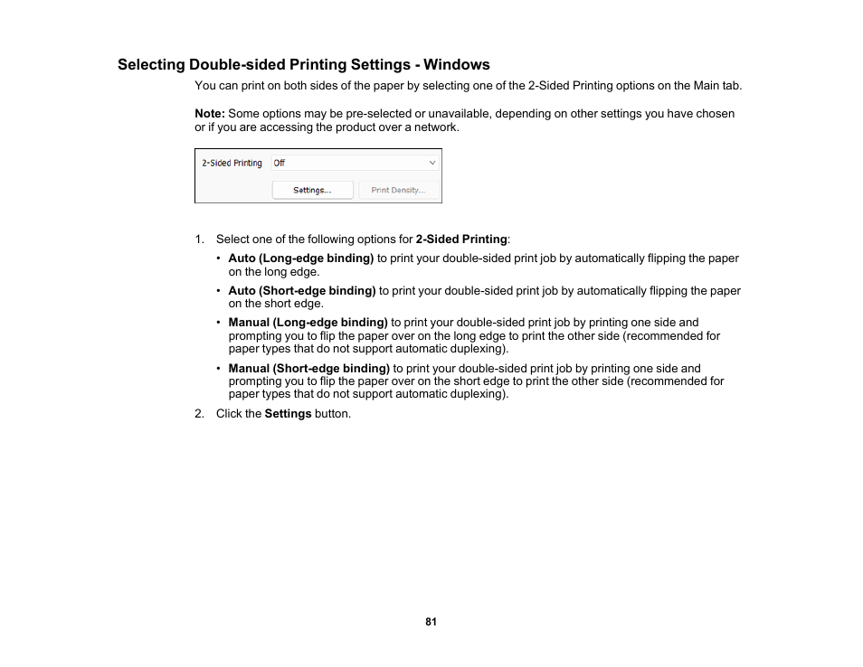 Selecting double-sided printing settings - windows | Epson WorkForce WF-2930 Wireless All-in-One Color Inkjet Printer User Manual | Page 81 / 327