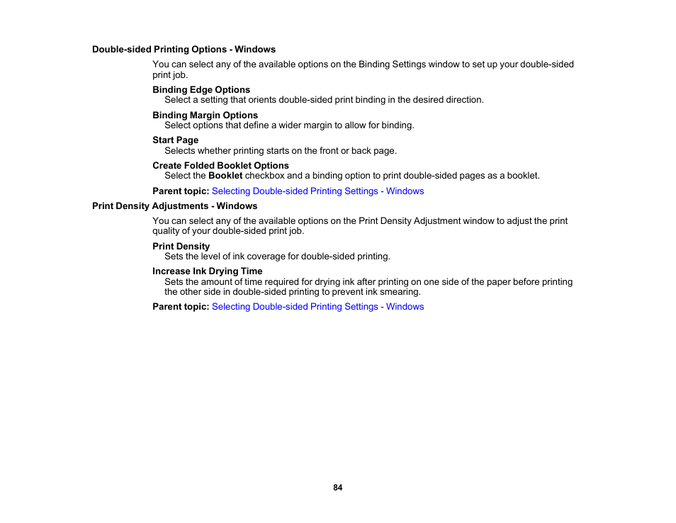 Double-sided printing options - windows, Print density adjustments - windows | Epson WorkForce WF-2930 Wireless All-in-One Color Inkjet Printer User Manual | Page 84 / 327