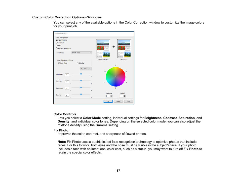 Custom color correction options - windows | Epson WorkForce WF-2930 Wireless All-in-One Color Inkjet Printer User Manual | Page 87 / 327
