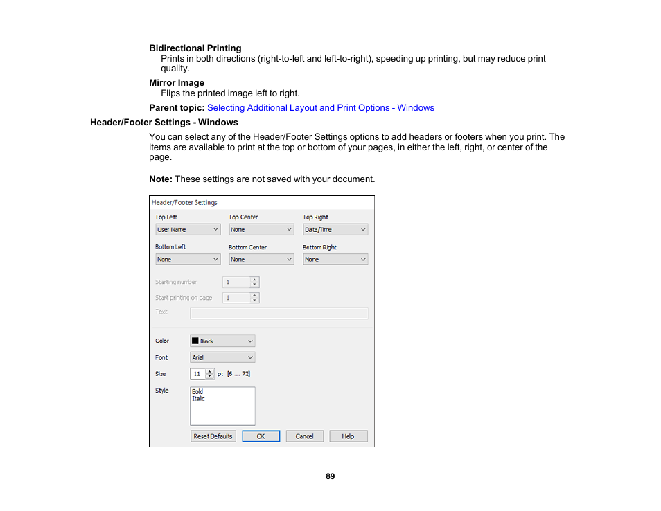 Header/footer settings - windows | Epson WorkForce WF-2930 Wireless All-in-One Color Inkjet Printer User Manual | Page 89 / 327