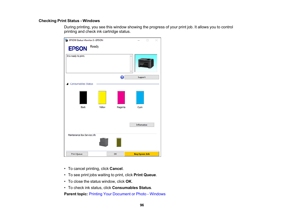 Checking print status - windows | Epson WorkForce WF-2930 Wireless All-in-One Color Inkjet Printer User Manual | Page 96 / 327