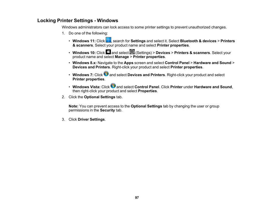 Locking printer settings - windows | Epson WorkForce WF-2930 Wireless All-in-One Color Inkjet Printer User Manual | Page 97 / 327