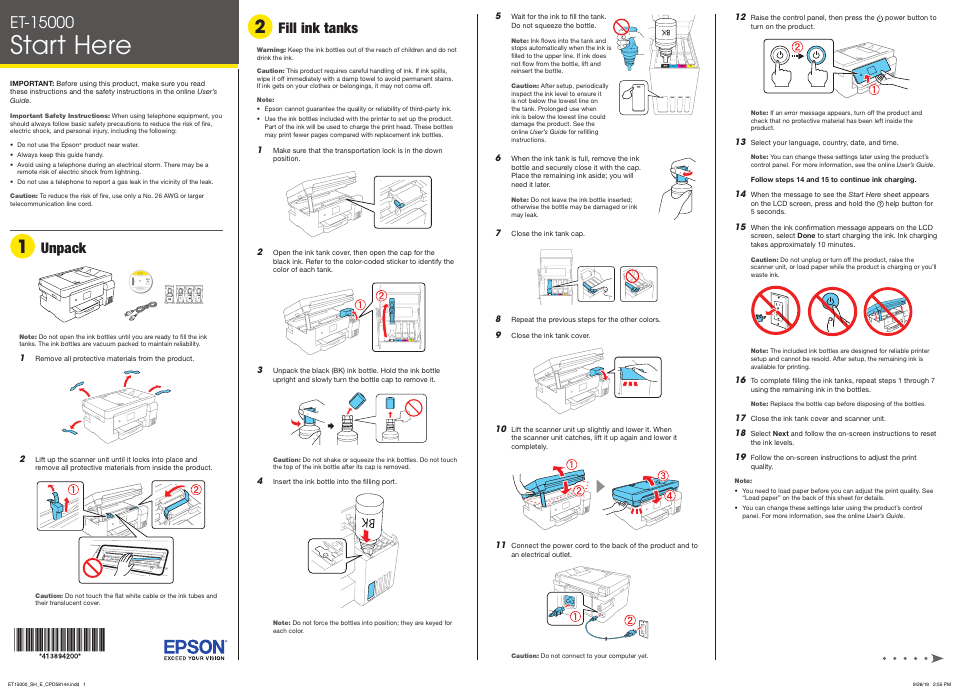 Start here, Unpack, Fill ink tanks | Epson EcoTank ET-15000 All-in-One Cartridge-Free Supertank Printer User Manual | Page 2 / 4