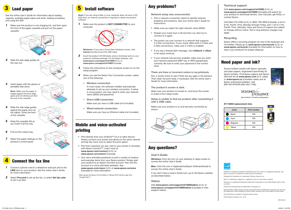 Connect the fax line, Any problems, Any questions | Need paper and ink, Install software, Mobile and voice-activated printing, Load paper | Epson EcoTank ET-15000 All-in-One Cartridge-Free Supertank Printer User Manual | Page 4 / 4