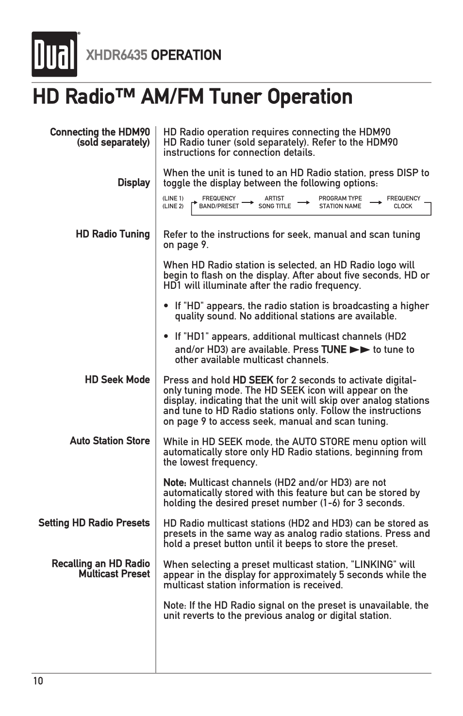 Hd radio™ am/fm tuner operation, Xhdr6435 operation | Dual XHDR6435 User Manual | Page 10 / 32