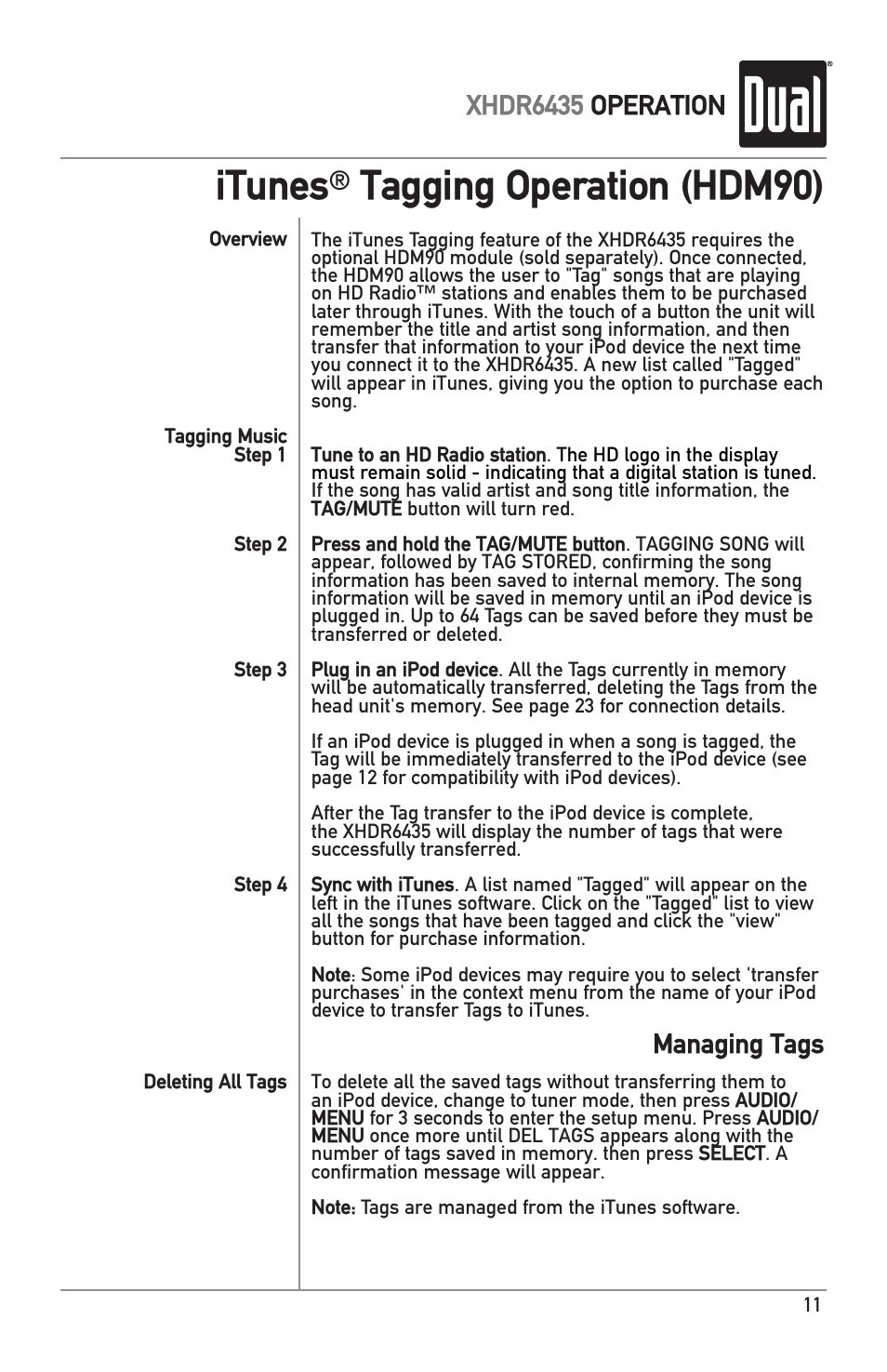 Itunes, Tagging operation (hdm90), Xhdr6435 operation | Managing tags | Dual XHDR6435 User Manual | Page 11 / 32