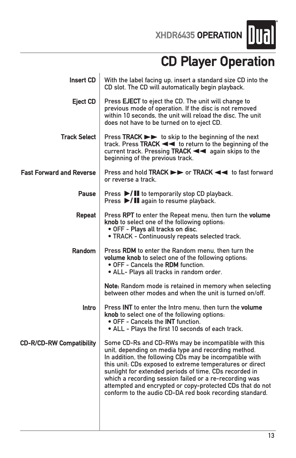 Cd player operation, Xhdr6435 operation | Dual XHDR6435 User Manual | Page 13 / 32