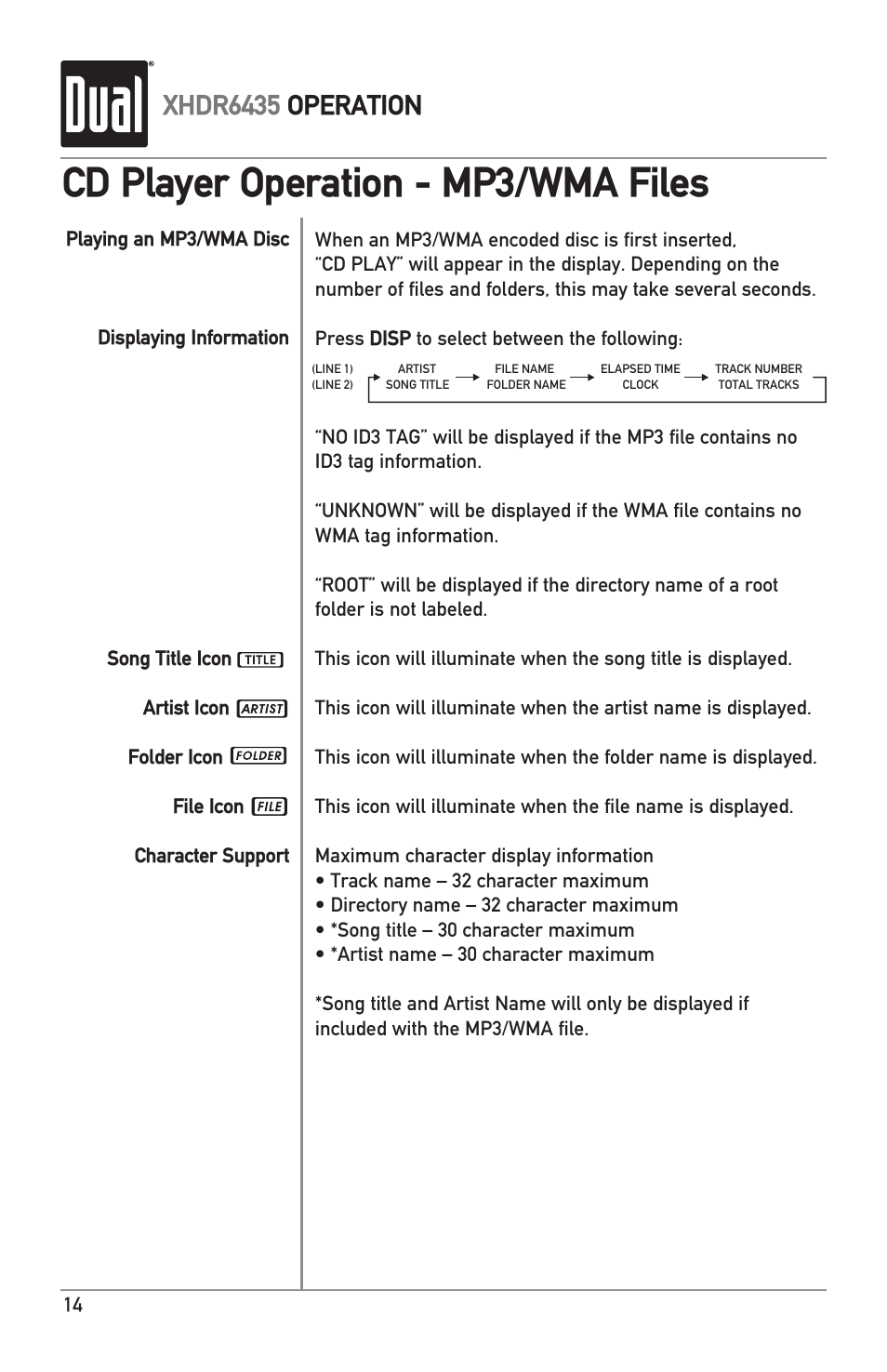 Cd player operation - mp3/wma files, Xhdr6435 operation | Dual XHDR6435 User Manual | Page 14 / 32