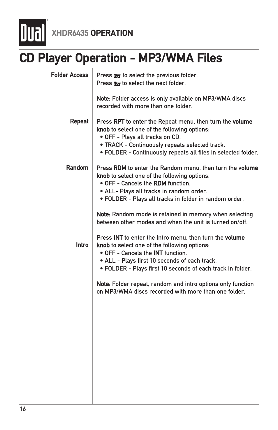 Cd player operation - mp3/wma files, Xhdr6435 operation | Dual XHDR6435 User Manual | Page 16 / 32