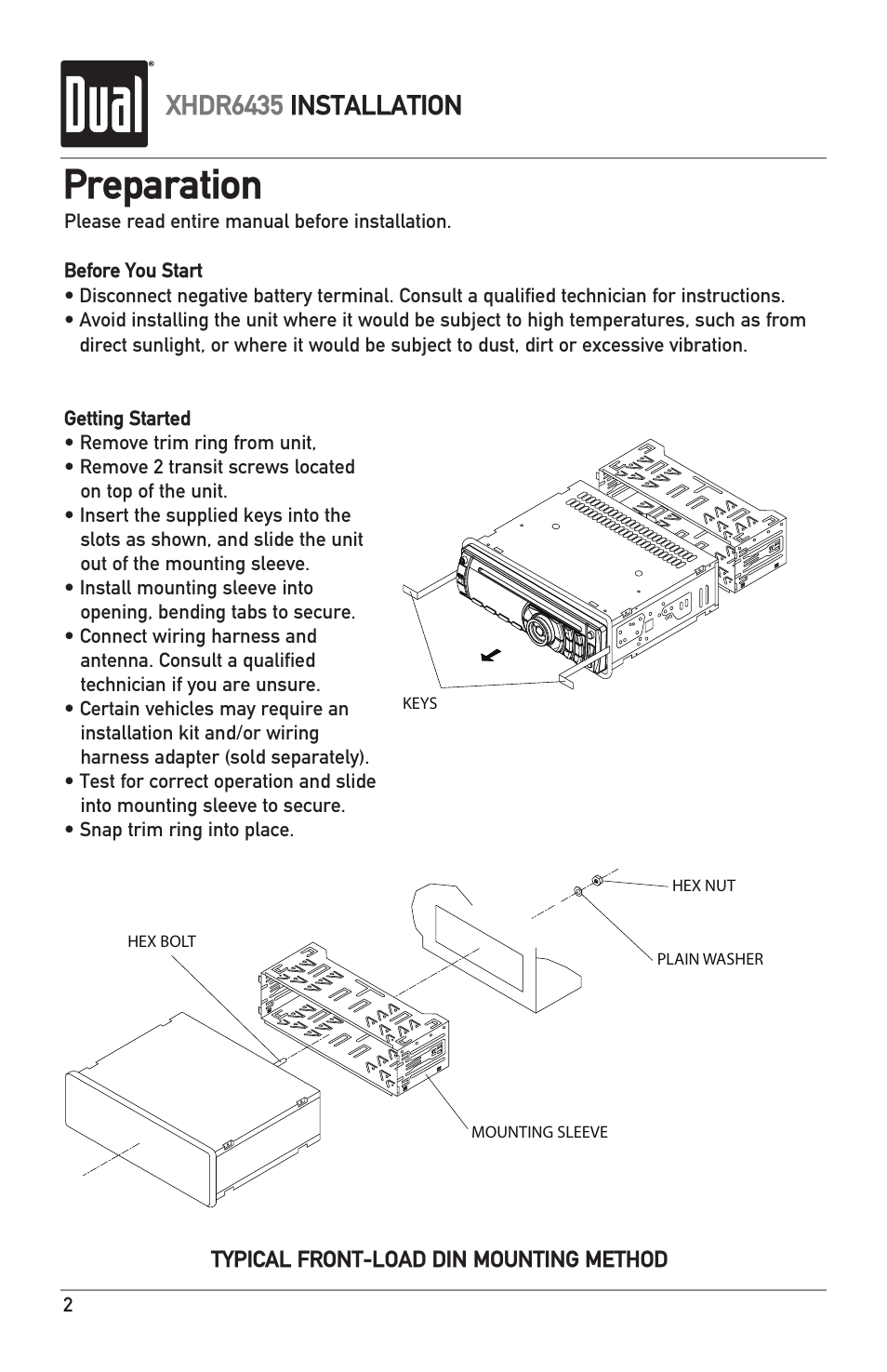 Preparation, Xhdr6435 installation | Dual XHDR6435 User Manual | Page 2 / 32