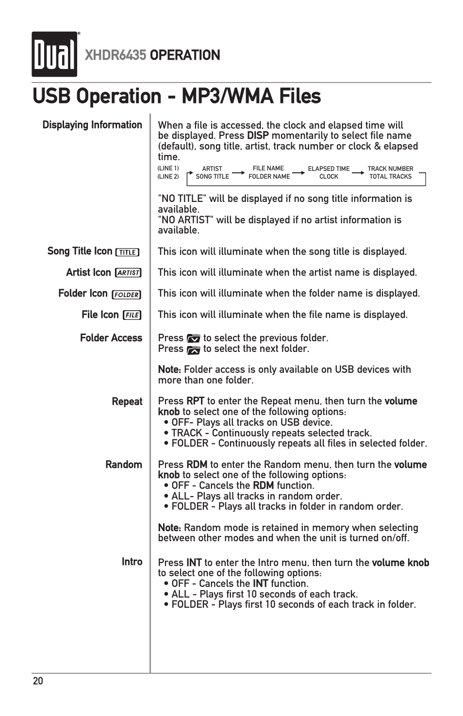 Usb operation - mp3/wma files, Xhdr6435 operation | Dual XHDR6435 User Manual | Page 20 / 32