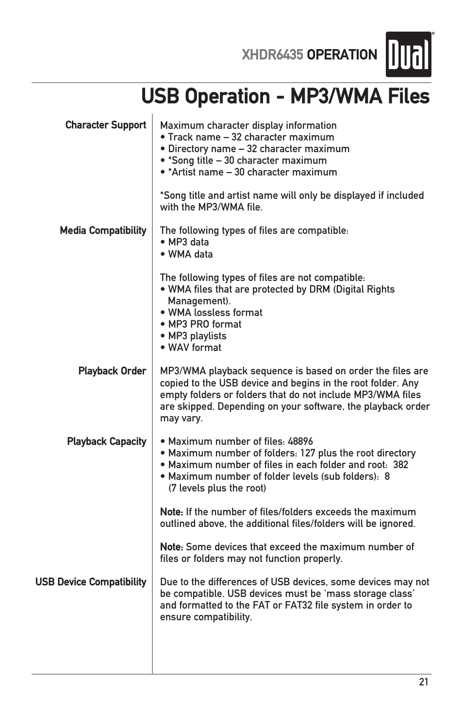 Usb operation - mp3/wma files, Xhdr6435 operation | Dual XHDR6435 User Manual | Page 21 / 32