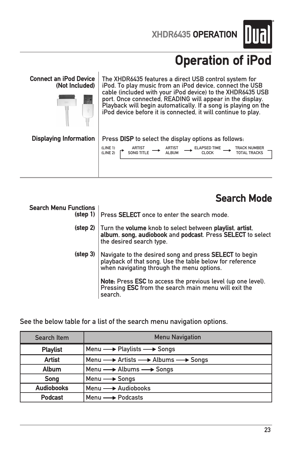 Operation of ipod, Search mode, Xhdr6435 operation | Dual XHDR6435 User Manual | Page 23 / 32