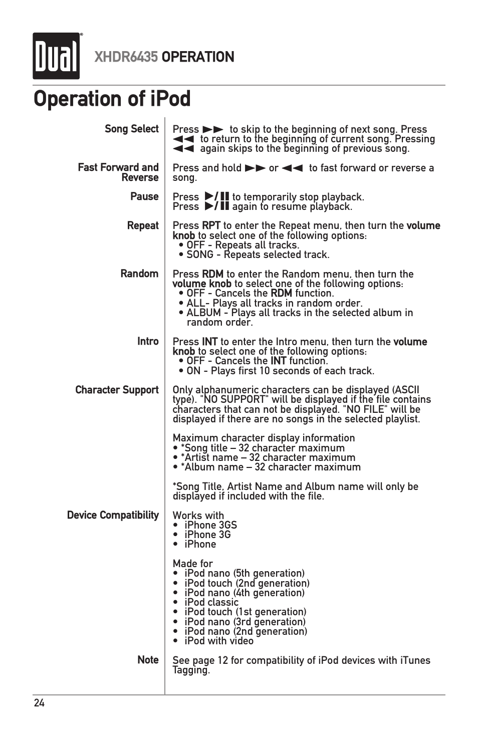 Operation of ipod, Xhdr6435 operation | Dual XHDR6435 User Manual | Page 24 / 32
