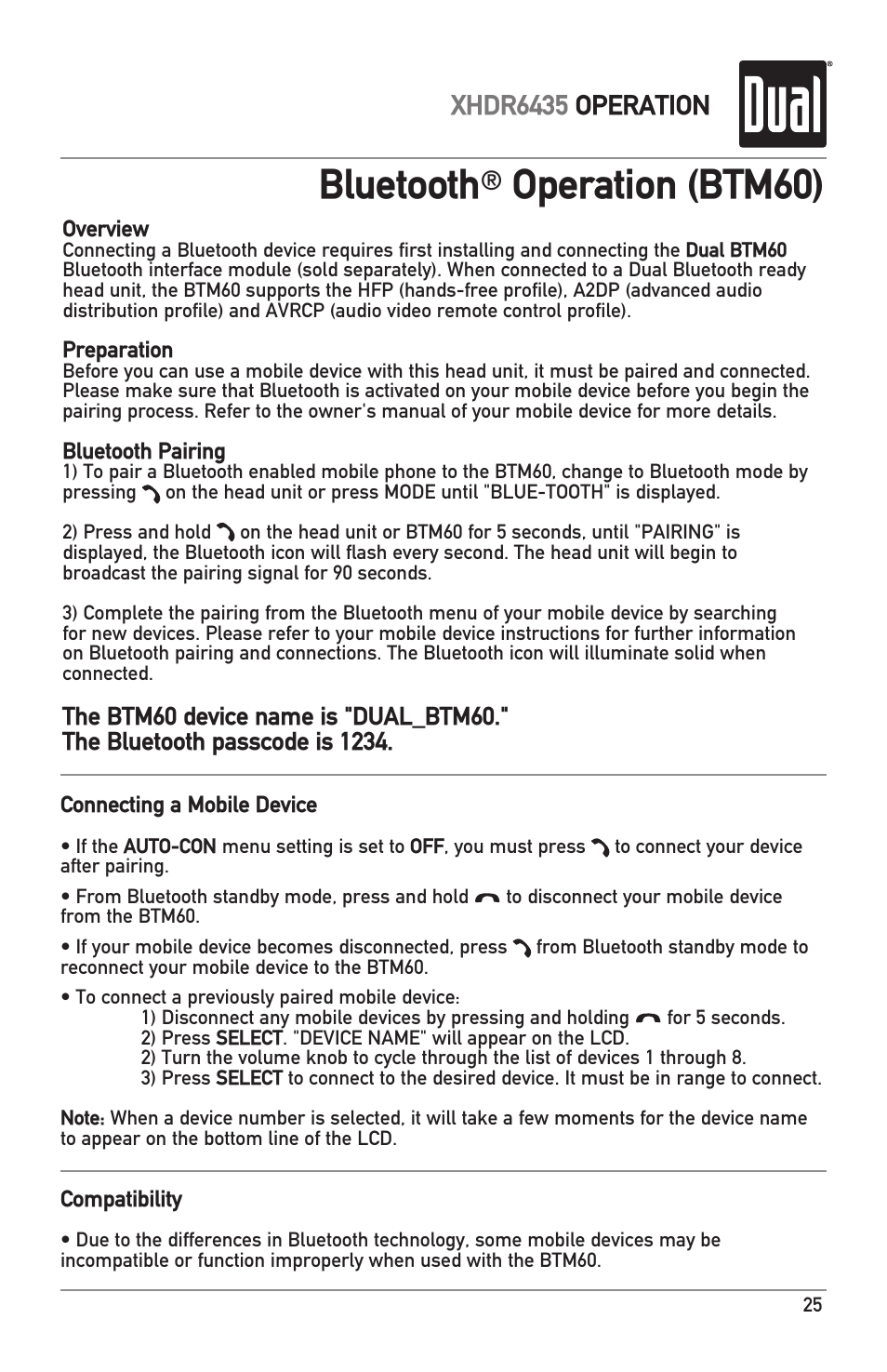 Bluetooth, Operation (btm60), Xhdr6435 operation | Dual XHDR6435 User Manual | Page 25 / 32