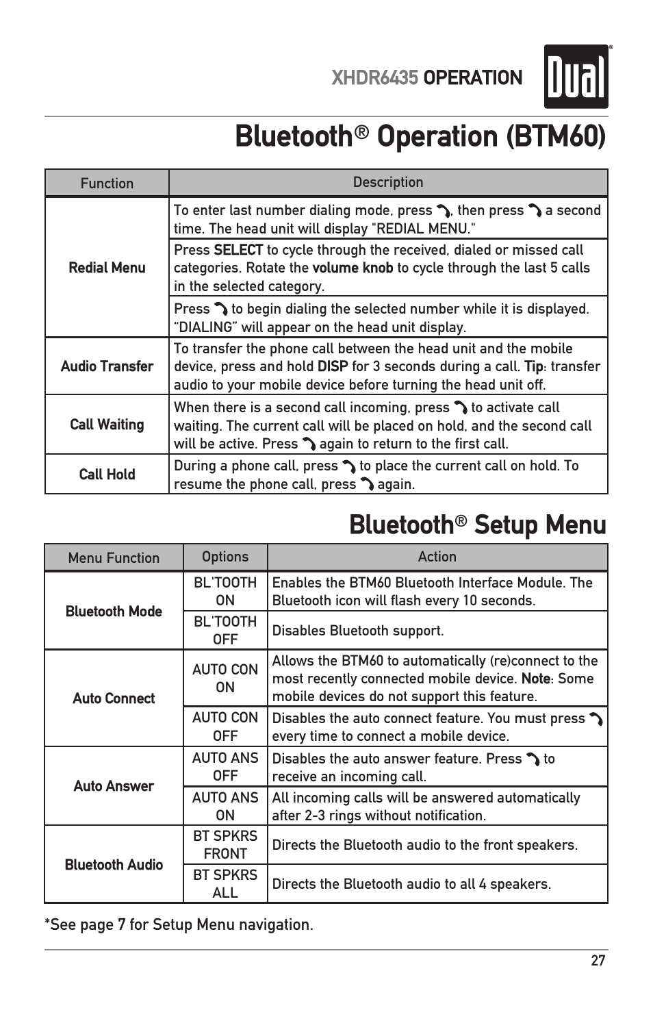 Bluetooth, Operation (btm60), Setup menu | Xhdr6435 operation | Dual XHDR6435 User Manual | Page 27 / 32