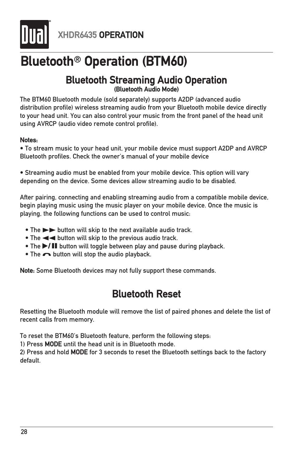 Bluetooth, Operation (btm60), Bluetooth reset | Bluetooth streaming audio operation | Dual XHDR6435 User Manual | Page 28 / 32