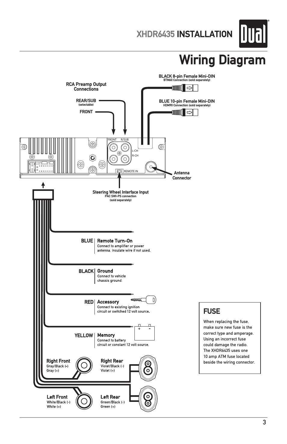 Wiring diagram, Xhdr6435 installation, Fuse | Dual XHDR6435 User Manual | Page 3 / 32