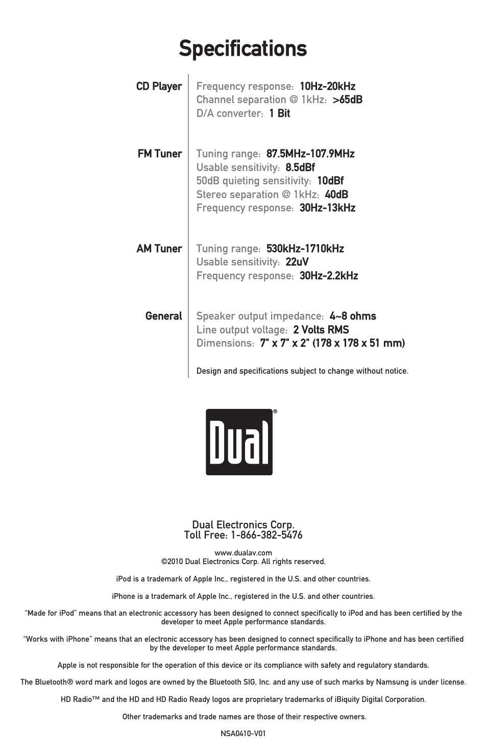 Specifications | Dual XHDR6435 User Manual | Page 32 / 32