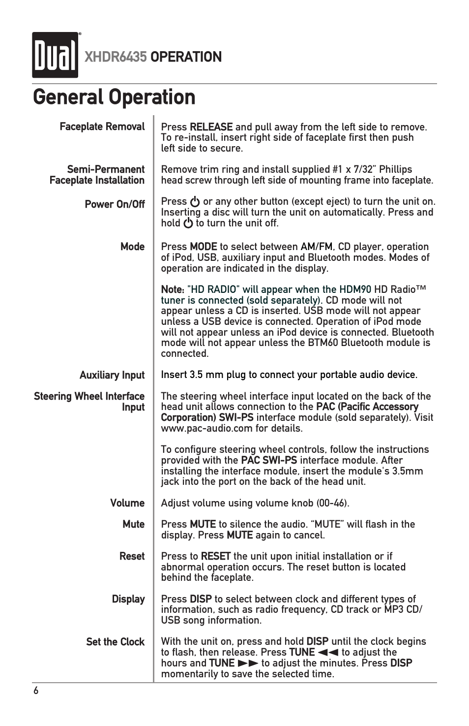General operation, Xhdr6435 operation | Dual XHDR6435 User Manual | Page 6 / 32