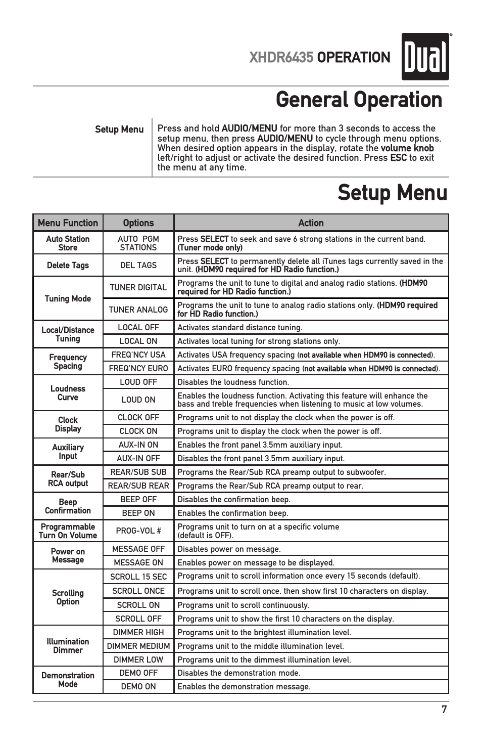 General operation setup menu, Xhdr6435 operation | Dual XHDR6435 User Manual | Page 7 / 32