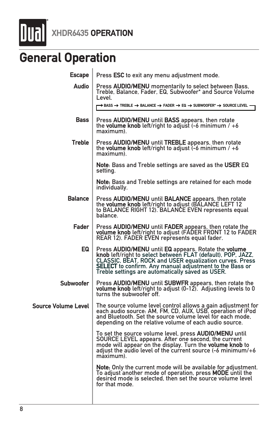 General operation, Xhdr6435 operation | Dual XHDR6435 User Manual | Page 8 / 32