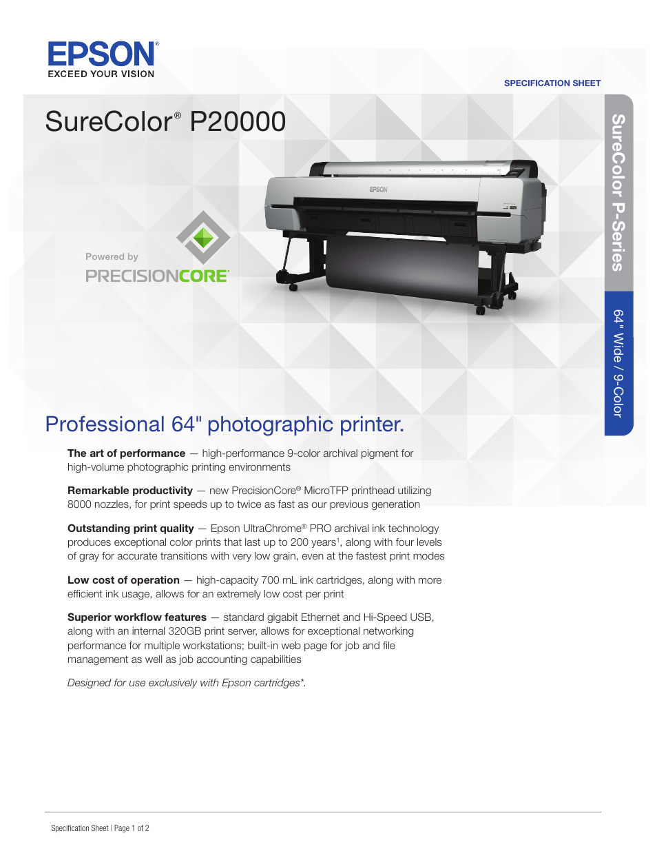 Epson SureColor P20000 Standard Edition 64" Large-Format Inkjet Printer User Manual | 2 pages