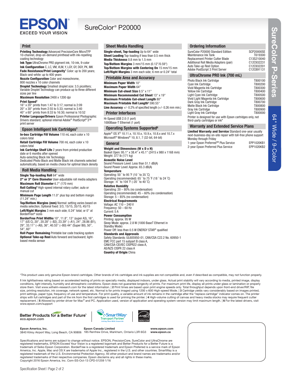 Surecolor p-series, Surecolor, 64 " wide / 9-color | Name email phone number, Print, Epson intelligent ink cartridges, Roll media handling, Sheet media handling, Printable area and accuracy, Printer interfaces | Epson SureColor P20000 Standard Edition 64" Large-Format Inkjet Printer User Manual | Page 2 / 2