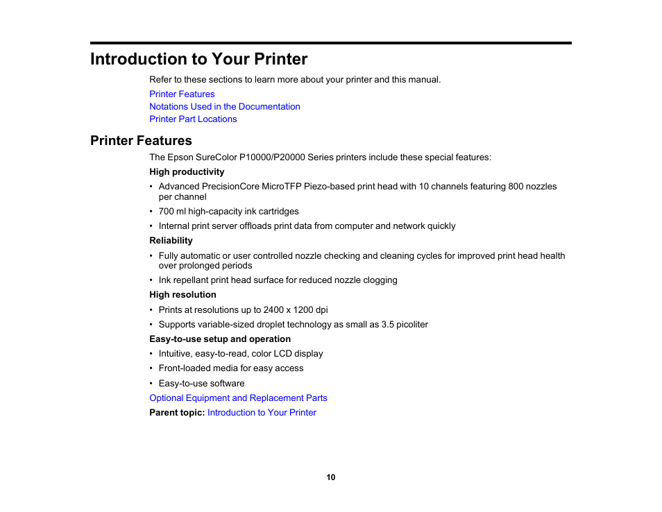 Introduction to your printer, Printer features | Epson SureColor P20000 Standard Edition 64" Large-Format Inkjet Printer User Manual | Page 10 / 232