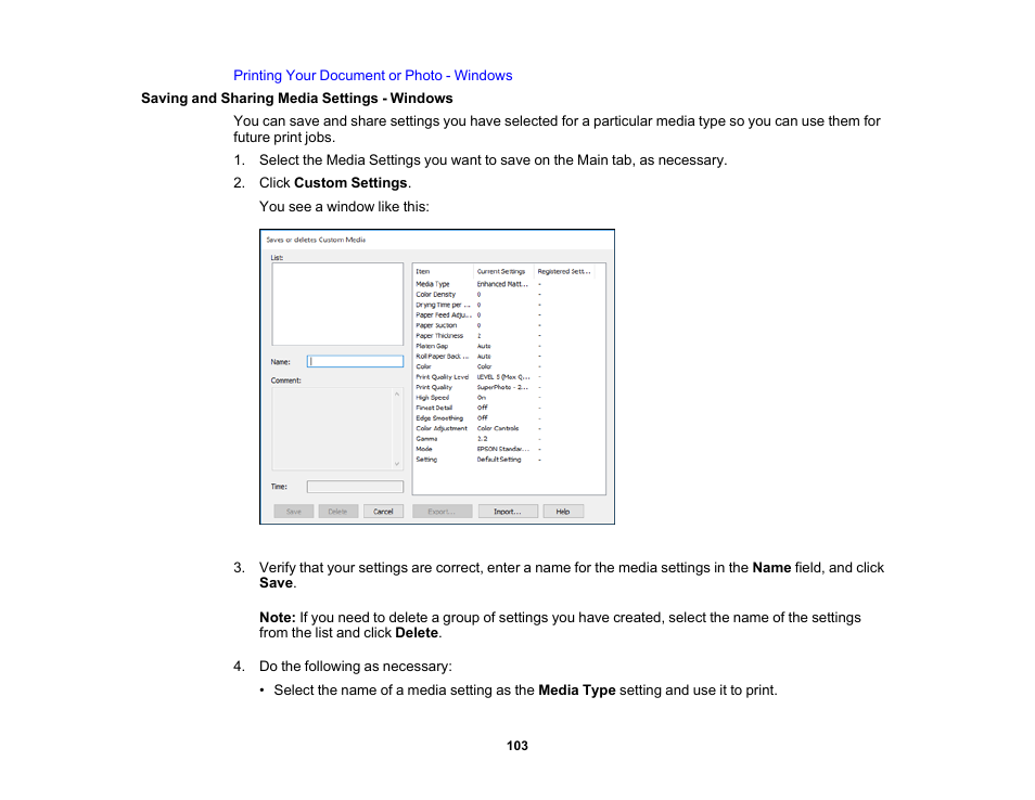 Saving and sharing media settings - windows | Epson SureColor P20000 Standard Edition 64" Large-Format Inkjet Printer User Manual | Page 103 / 232