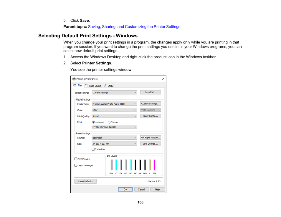 Selecting default print settings - windows | Epson SureColor P20000 Standard Edition 64" Large-Format Inkjet Printer User Manual | Page 106 / 232