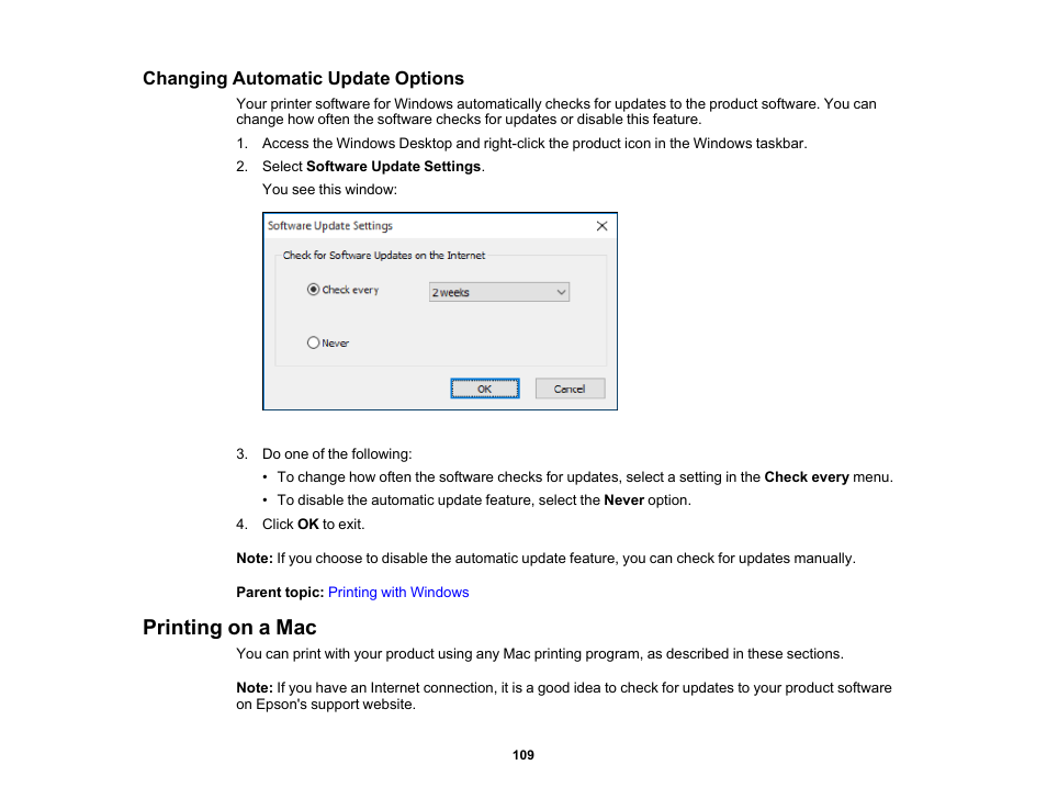 Changing automatic update options, Printing on a mac | Epson SureColor P20000 Standard Edition 64" Large-Format Inkjet Printer User Manual | Page 109 / 232