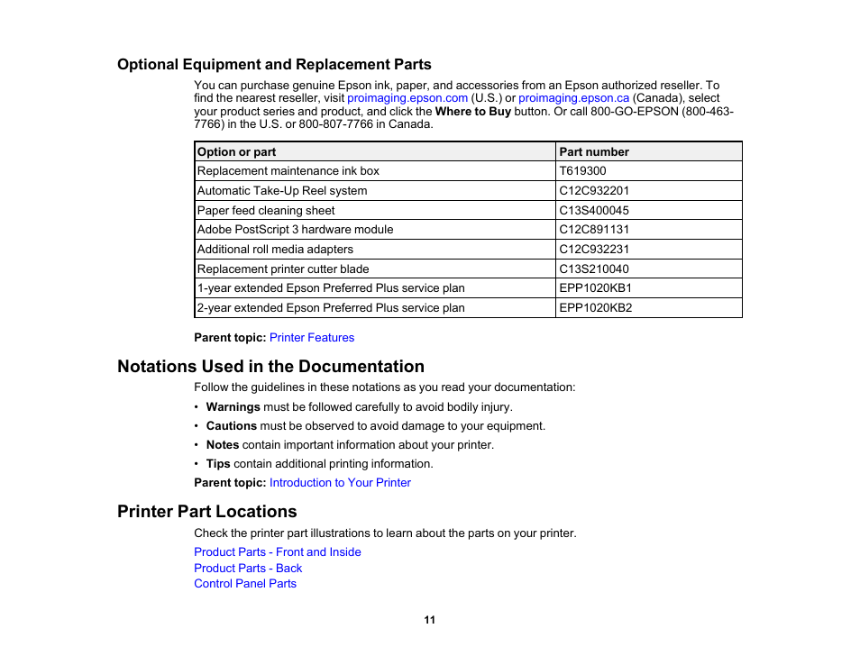 Optional equipment and replacement parts, Notations used in the documentation, Printer part locations | Epson SureColor P20000 Standard Edition 64" Large-Format Inkjet Printer User Manual | Page 11 / 232