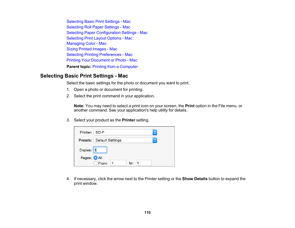 Selecting basic print settings - mac | Epson SureColor P20000 Standard Edition 64" Large-Format Inkjet Printer User Manual | Page 110 / 232