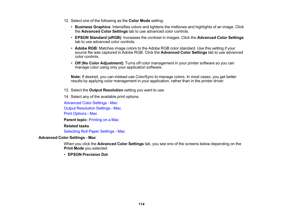 Advanced color settings - mac | Epson SureColor P20000 Standard Edition 64" Large-Format Inkjet Printer User Manual | Page 114 / 232