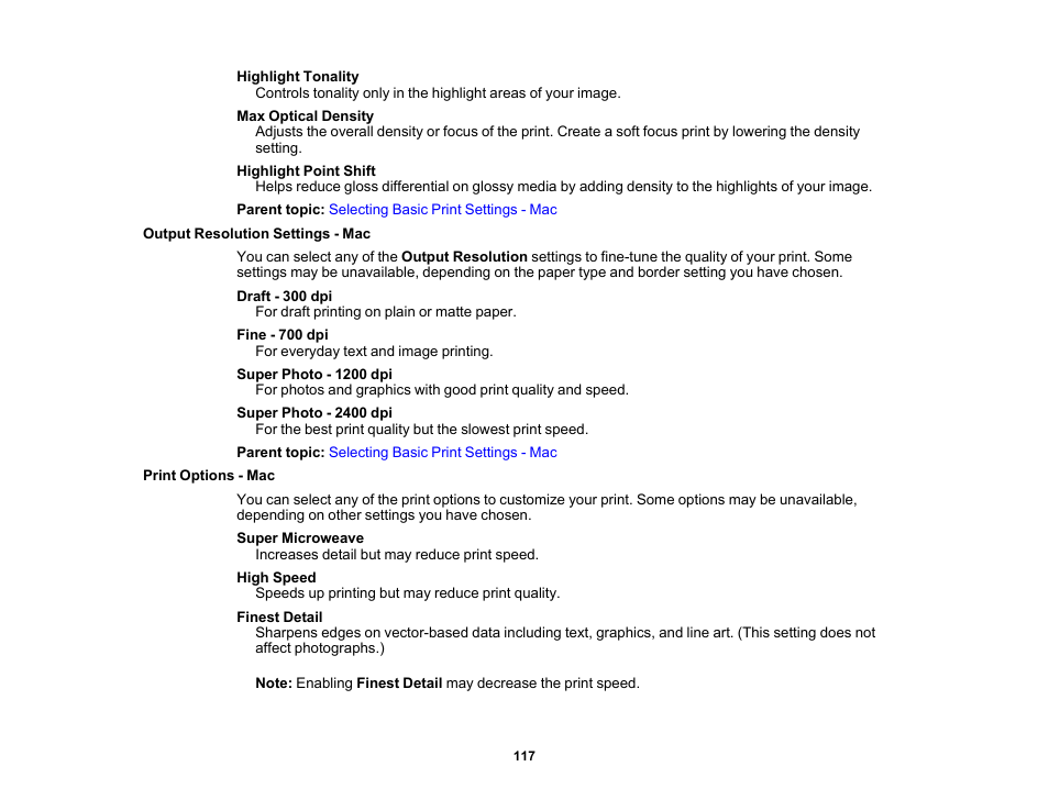 Output resolution settings - mac, Print options - mac | Epson SureColor P20000 Standard Edition 64" Large-Format Inkjet Printer User Manual | Page 117 / 232