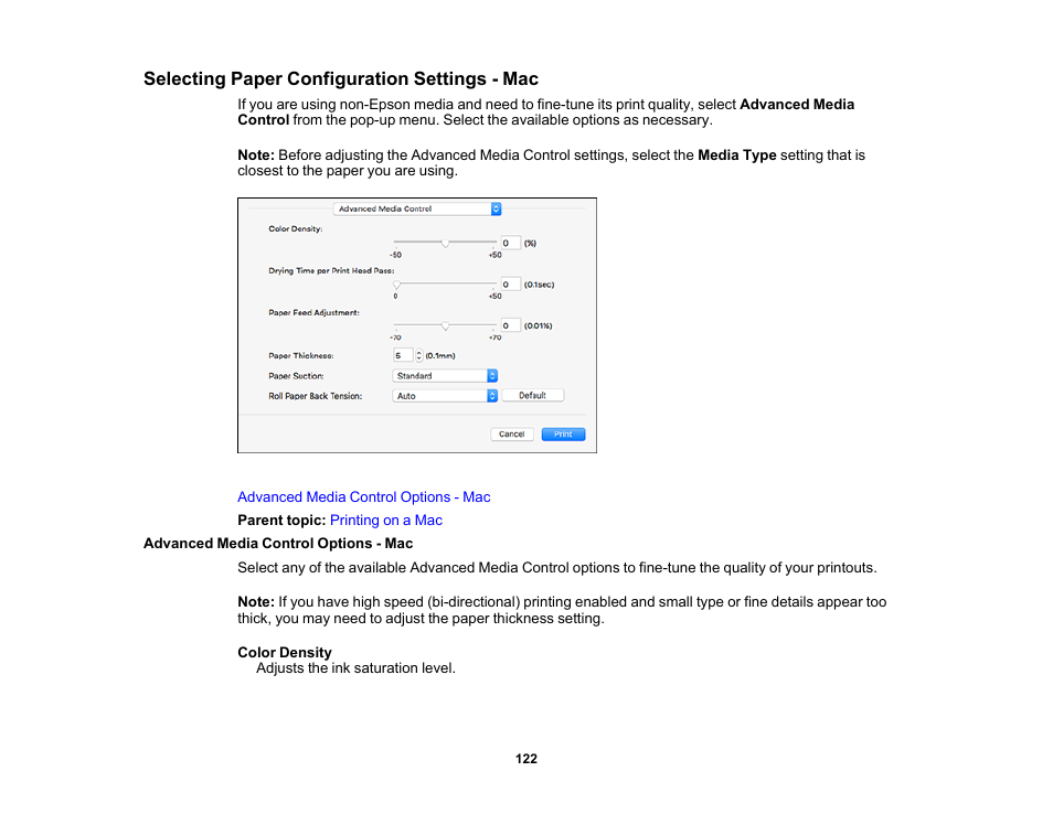 Selecting paper configuration settings - mac, Advanced media control options - mac | Epson SureColor P20000 Standard Edition 64" Large-Format Inkjet Printer User Manual | Page 122 / 232