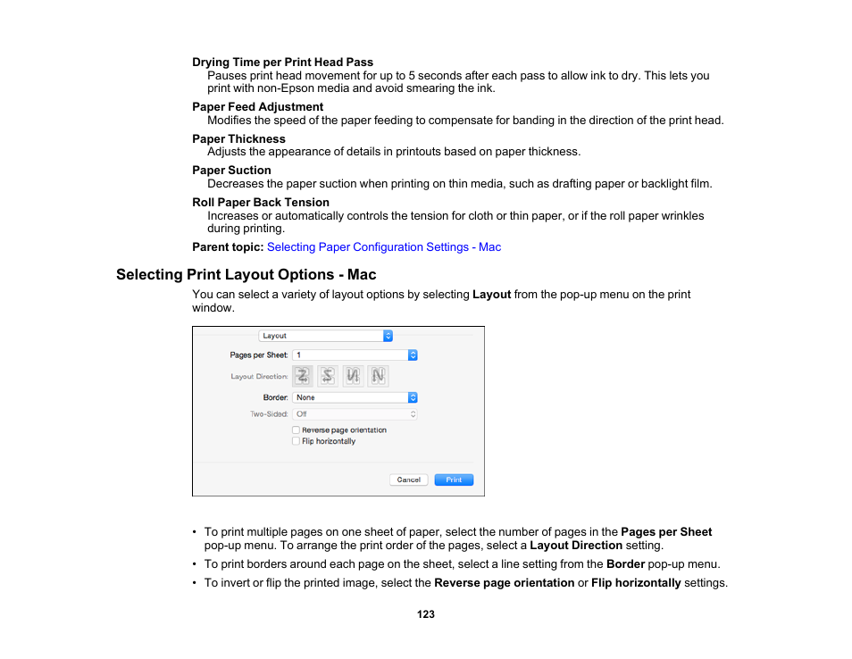 Selecting print layout options - mac | Epson SureColor P20000 Standard Edition 64" Large-Format Inkjet Printer User Manual | Page 123 / 232