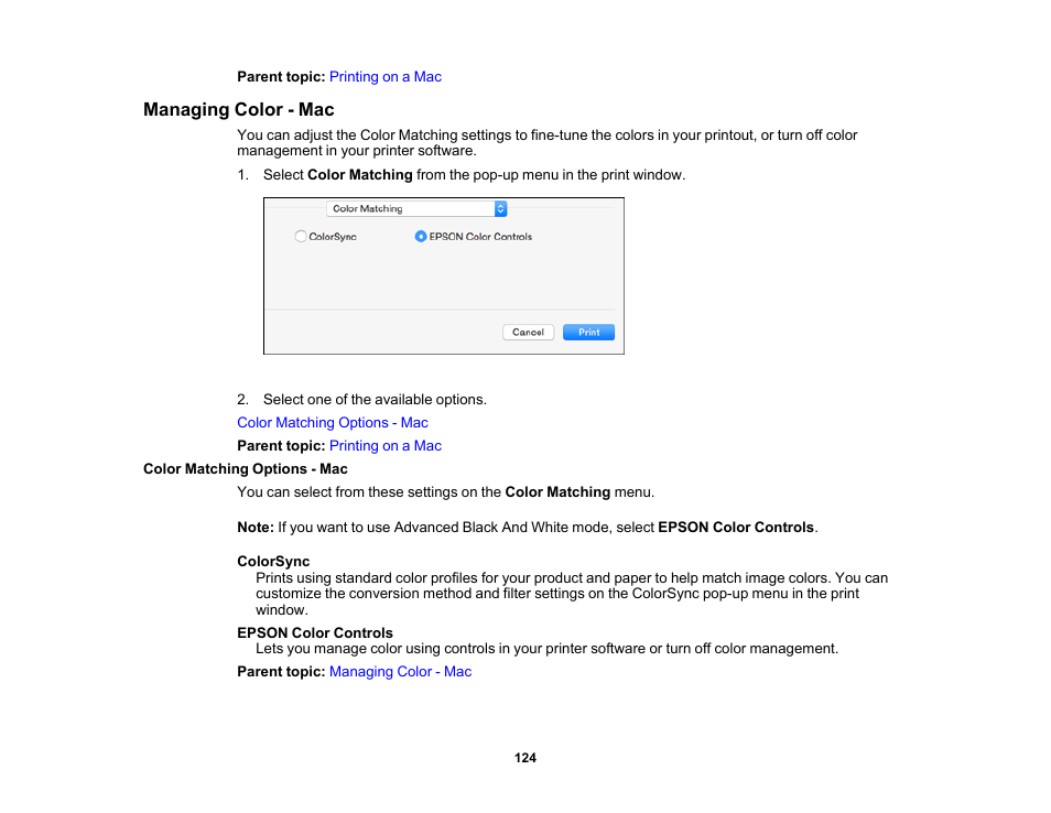 Managing color - mac, Color matching options - mac | Epson SureColor P20000 Standard Edition 64" Large-Format Inkjet Printer User Manual | Page 124 / 232