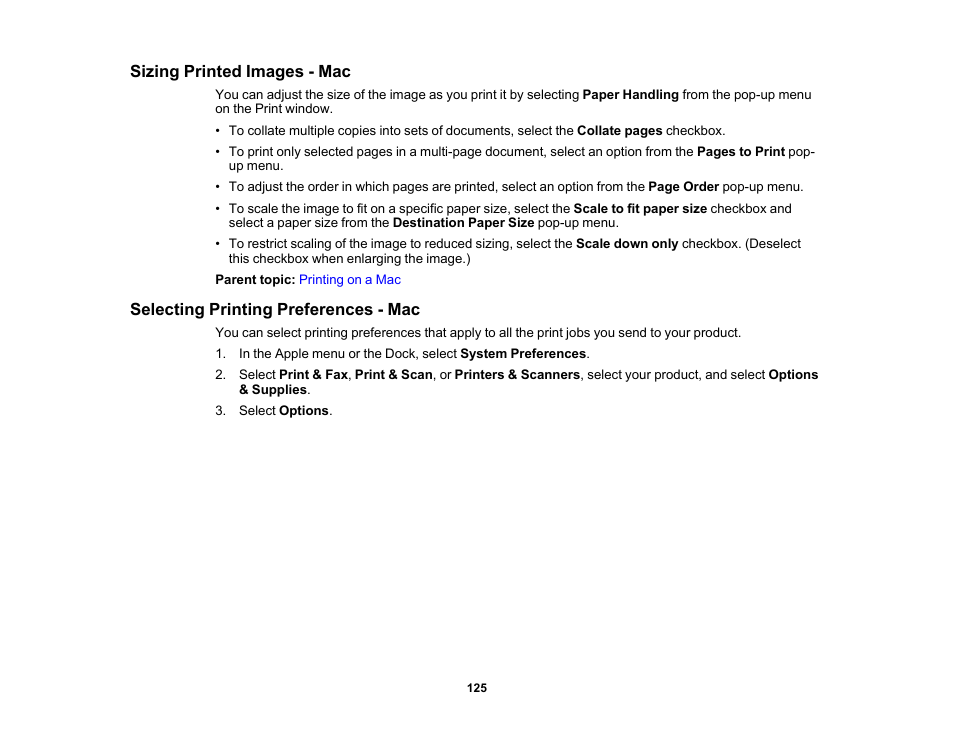 Sizing printed images - mac, Selecting printing preferences - mac | Epson SureColor P20000 Standard Edition 64" Large-Format Inkjet Printer User Manual | Page 125 / 232