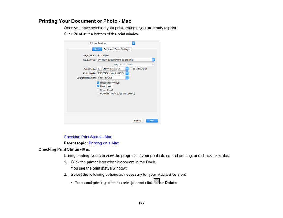 Printing your document or photo - mac, Checking print status - mac | Epson SureColor P20000 Standard Edition 64" Large-Format Inkjet Printer User Manual | Page 127 / 232
