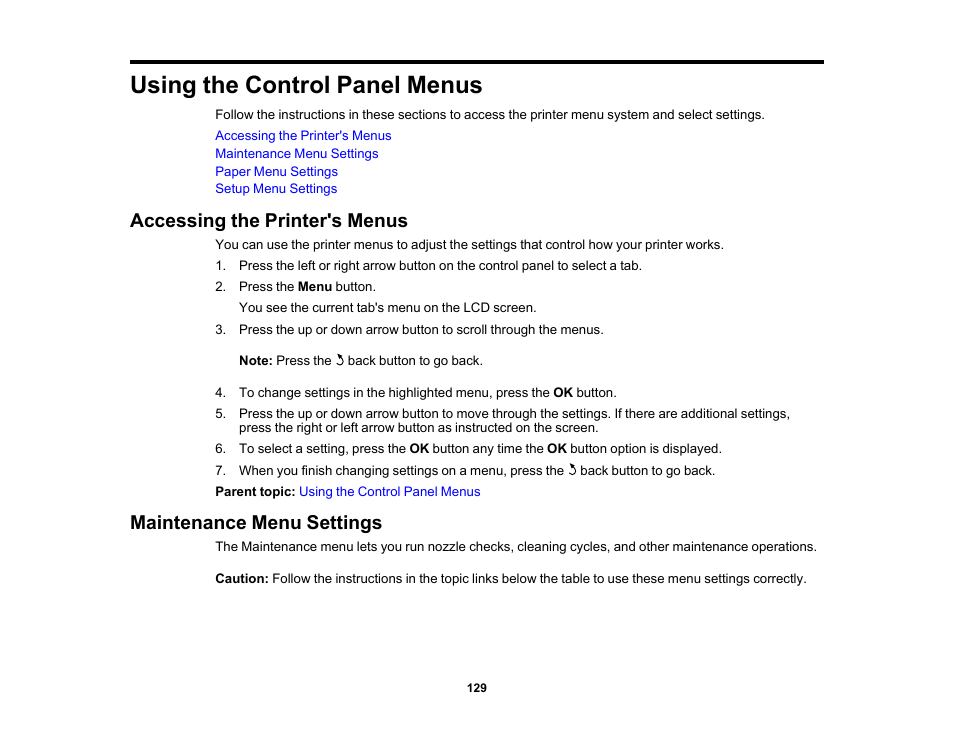 Using the control panel menus, Accessing the printer's menus, Maintenance menu settings | Epson SureColor P20000 Standard Edition 64