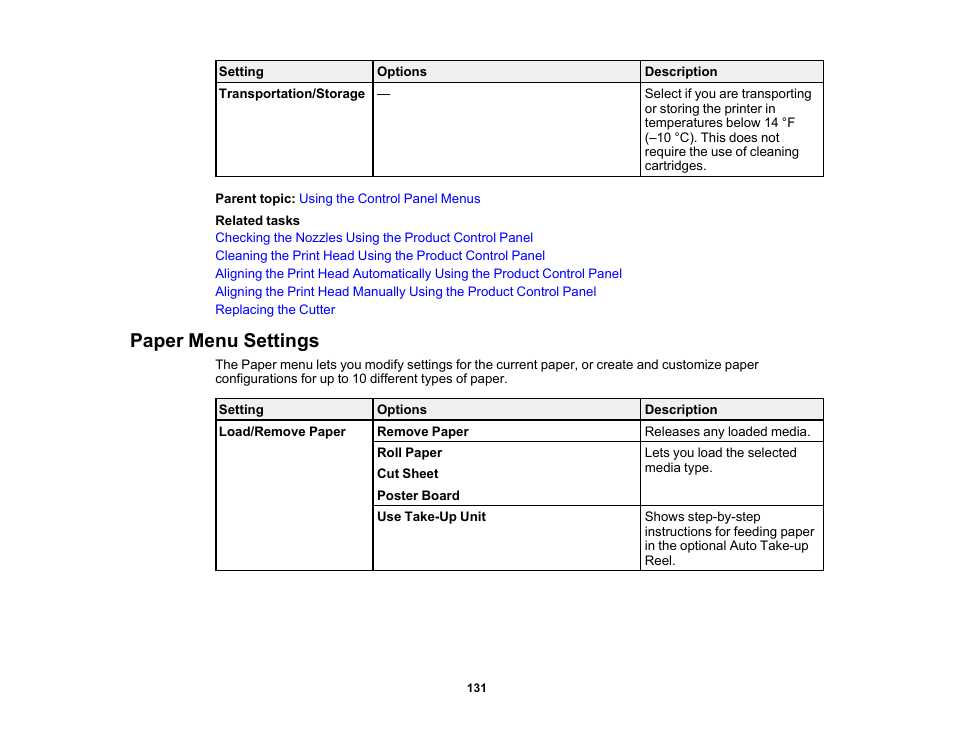 Paper menu settings | Epson SureColor P20000 Standard Edition 64" Large-Format Inkjet Printer User Manual | Page 131 / 232