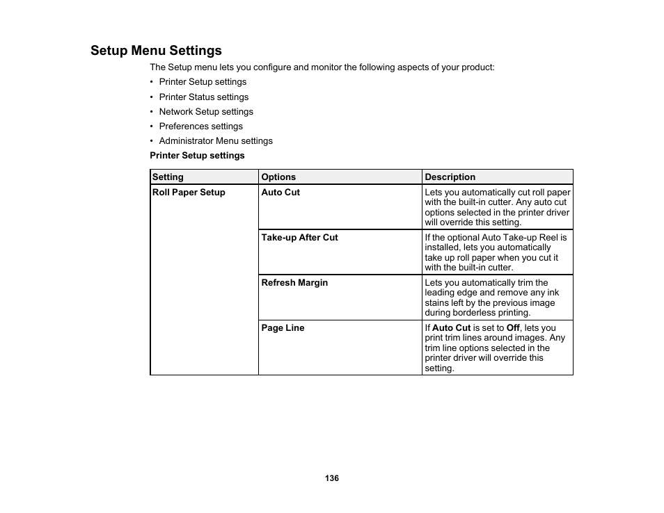 Setup menu settings | Epson SureColor P20000 Standard Edition 64" Large-Format Inkjet Printer User Manual | Page 136 / 232