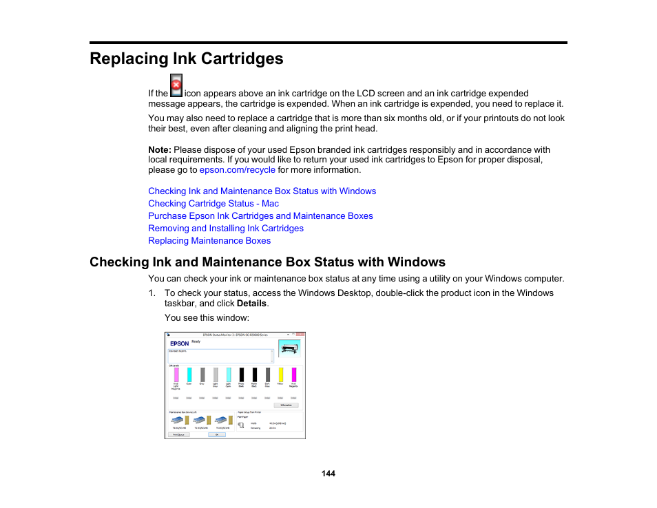 Replacing ink cartridges | Epson SureColor P20000 Standard Edition 64" Large-Format Inkjet Printer User Manual | Page 144 / 232